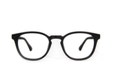 A pair of full frame eyeglasses with a keyhole bridge and soft square design, predominantly in a black color. 